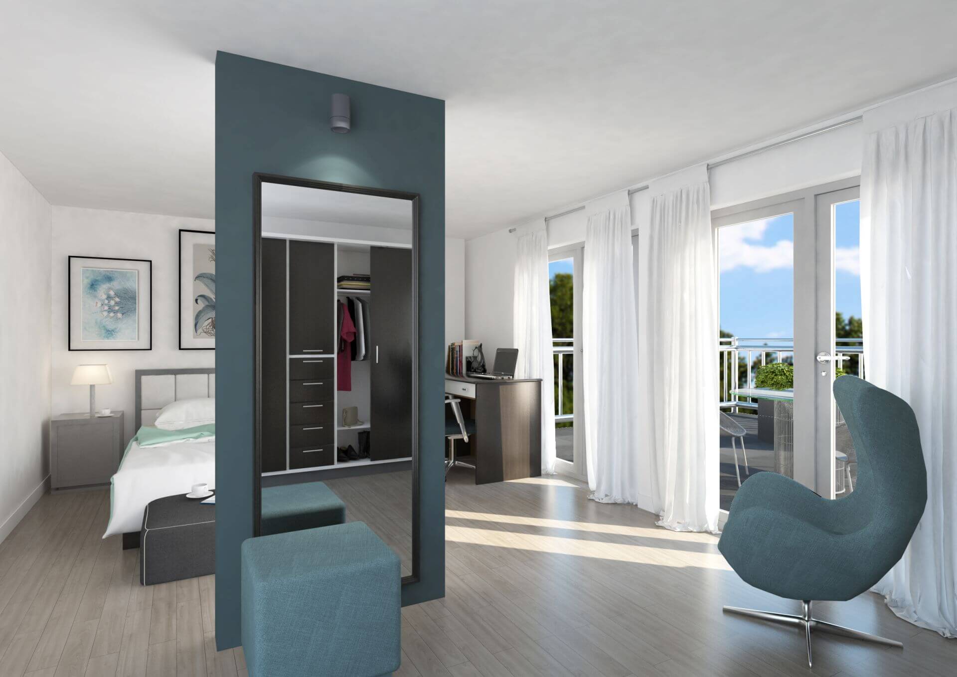Rendering van slaap- en badkamer
